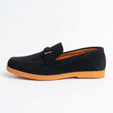 Men’s Black Suede Loafers with Gold Bar Detaile
