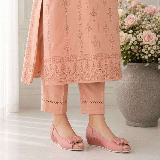 Dusty Rose Peep-Toe Flats with YSL Bow & Gold Detail