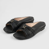 Black Ruched Mule Sandals with Gold Buckle