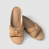 Beige Pleated Bow Ladies Slippers