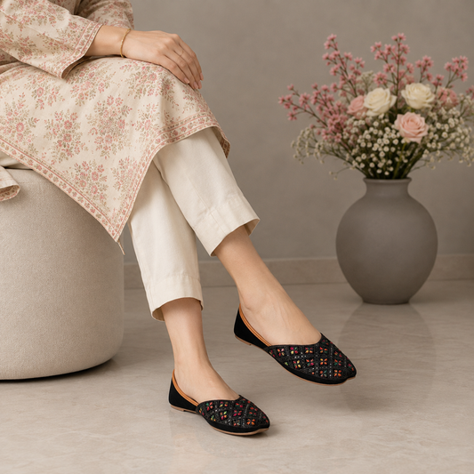 Colorful Floral Black Traditional Khussa