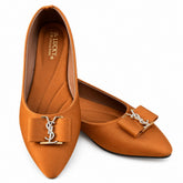 Women’s Tan Pointed-Toe Flats with Elegant Bow