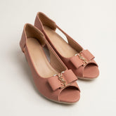 Dusty Rose Peep-Toe Flats with YSL Bow & Gold Detail