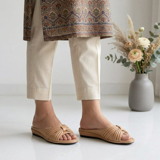 Beige Pleated Bow Ladies Slippers
