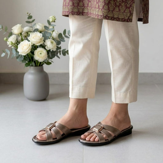 Elegant Metallic Gold Buckle Ladies Sandals