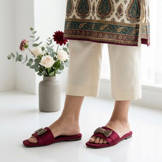 Elegant Maroon Bow Ladies Slippers