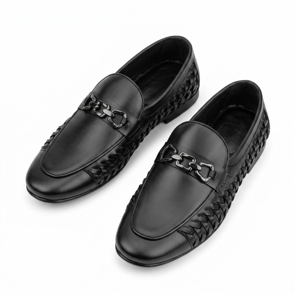 Men’s Black Leather Woven Chain Shoes