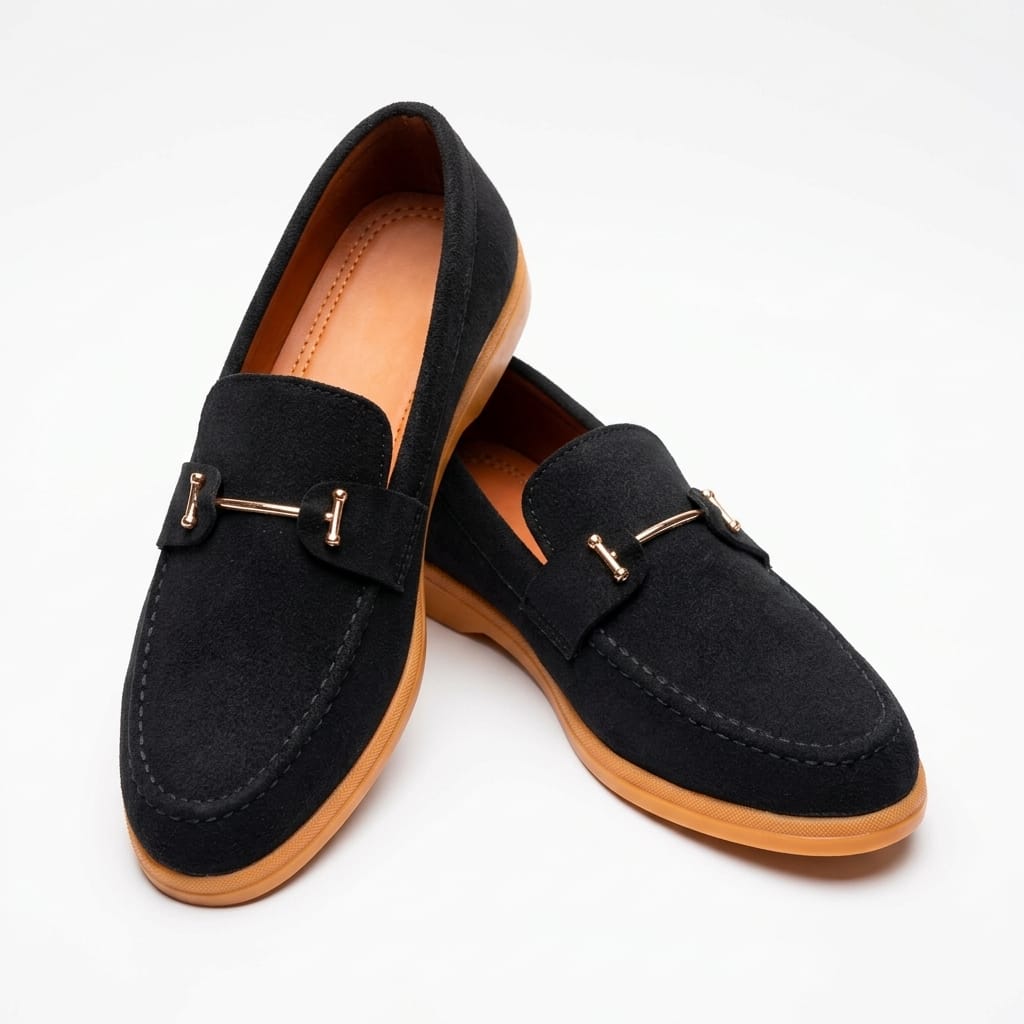 Men’s Black Suede Loafers with Gold Bar Detaile