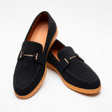 Men’s Black Suede Loafers with Gold Bar Detaile