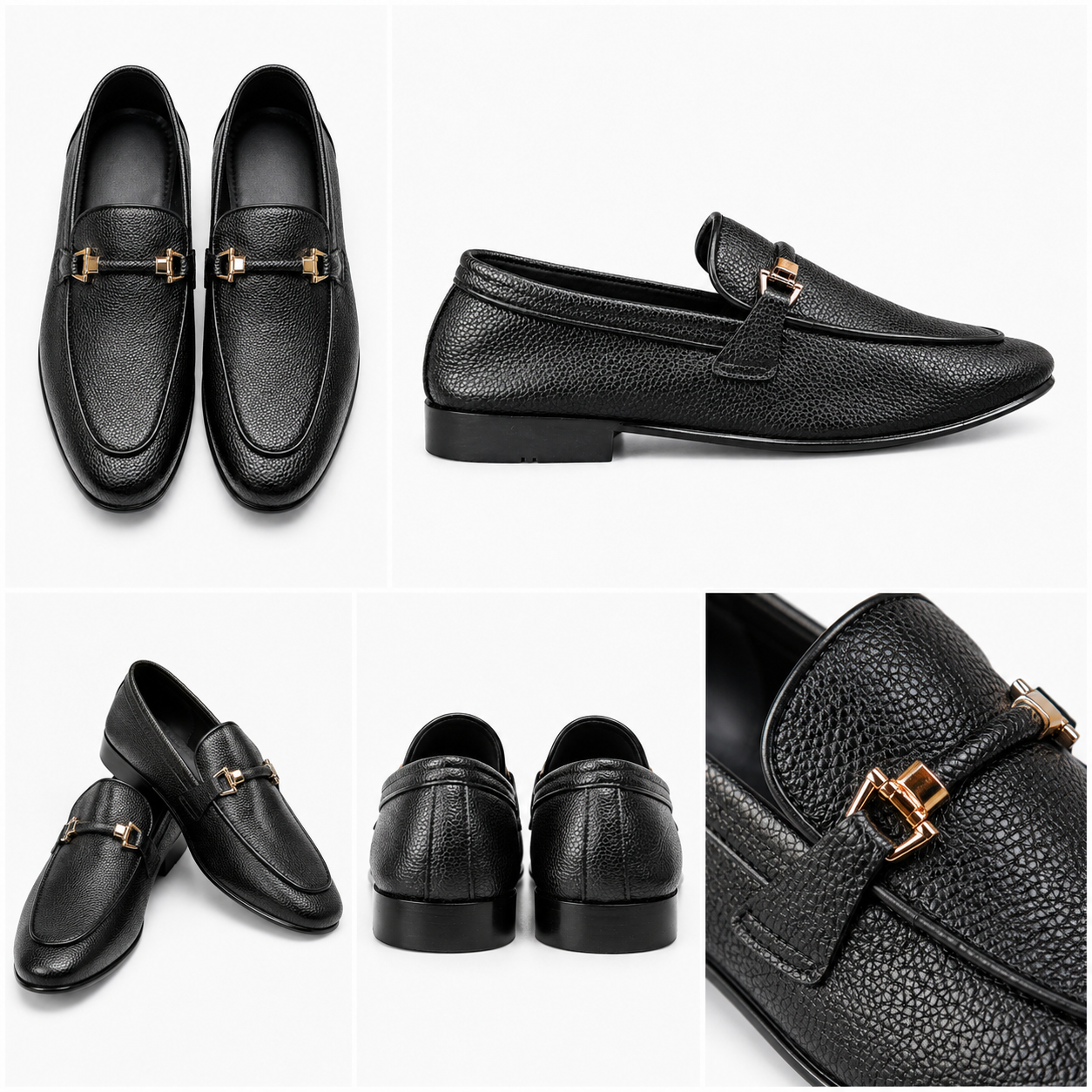 Men’s Premium Black Leather Loafers with Metal Detail