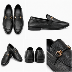 Men’s Premium Black Leather Loafers with Metal Detail