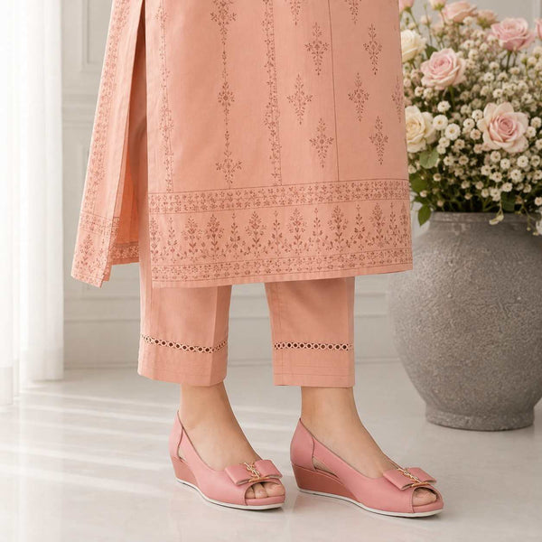 Dusty Rose Peep-Toe Flats with YSL Bow & Gold Detail