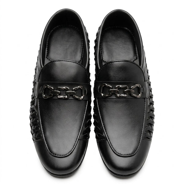 Men’s Black Leather Woven Chain Shoes