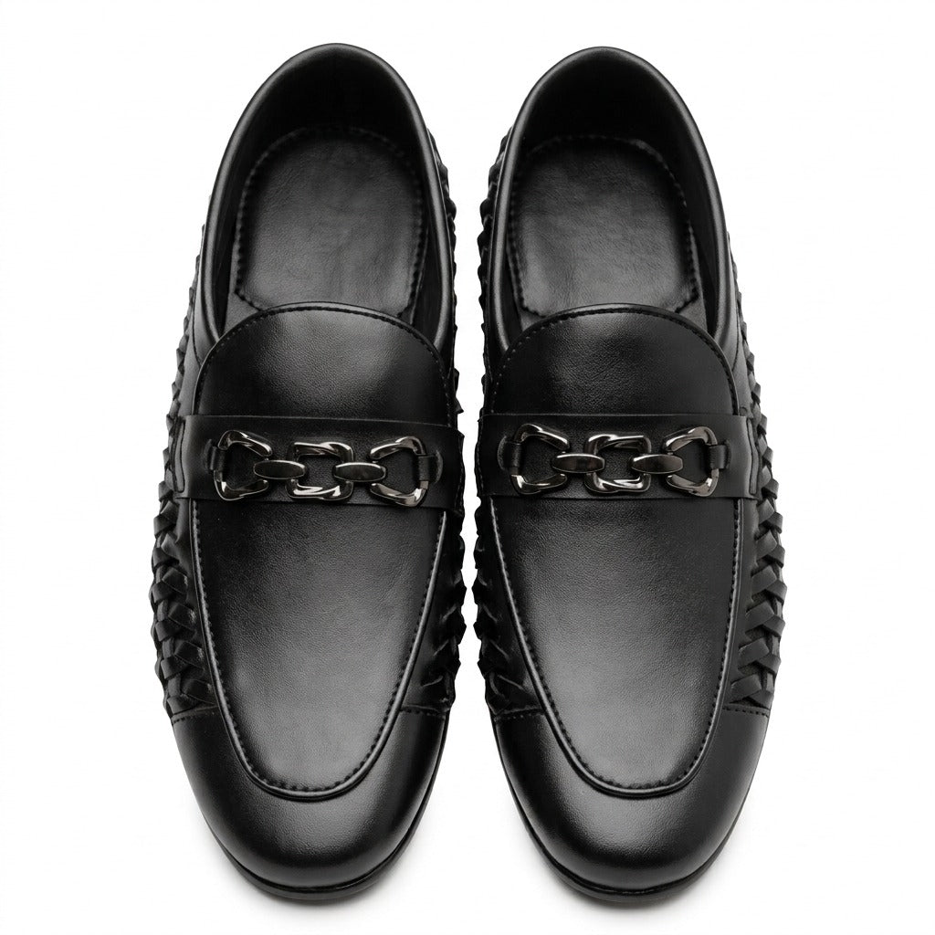 Men’s Black Leather Woven Chain Shoes