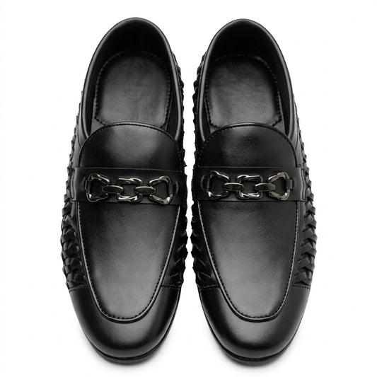 Men’s Black Leather Woven Chain Shoes
