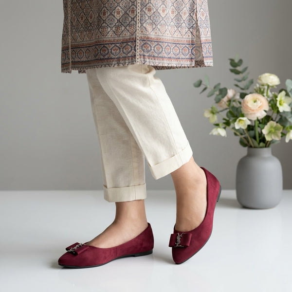 Women’s Burgundy Pointed-Toe Flats with Bow Detail