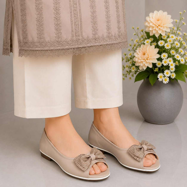 Elegant Pearl Bow Open Toe Flats
