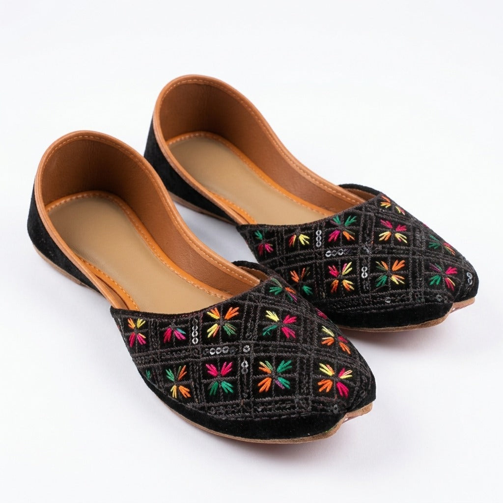 Colorful Floral Black Traditional Khussa