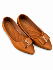 Women’s Tan Pointed-Toe Flats with Elegant Bow