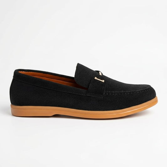 Men’s Black Suede Loafers with Gold Bar Detaile