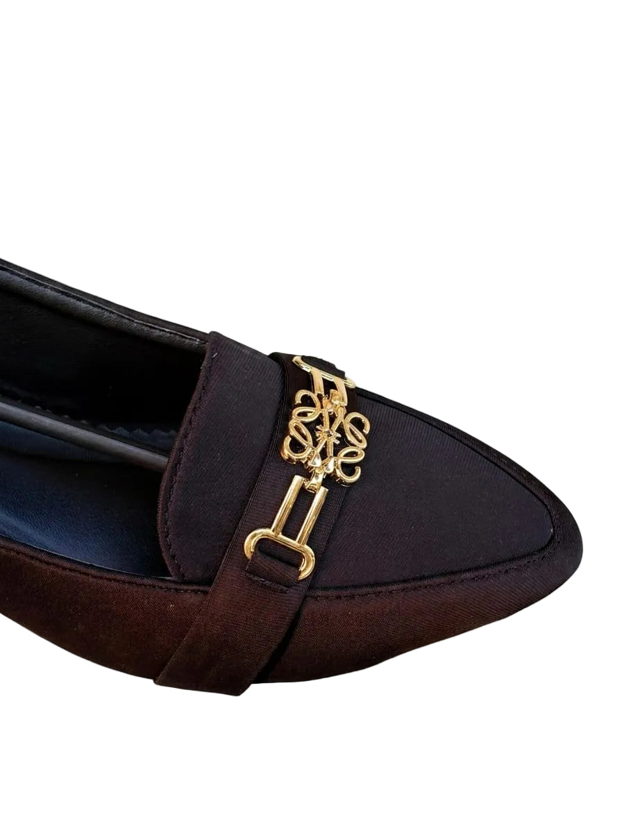 Women’s Brown Pointed-Toe Flats with Gold Detail