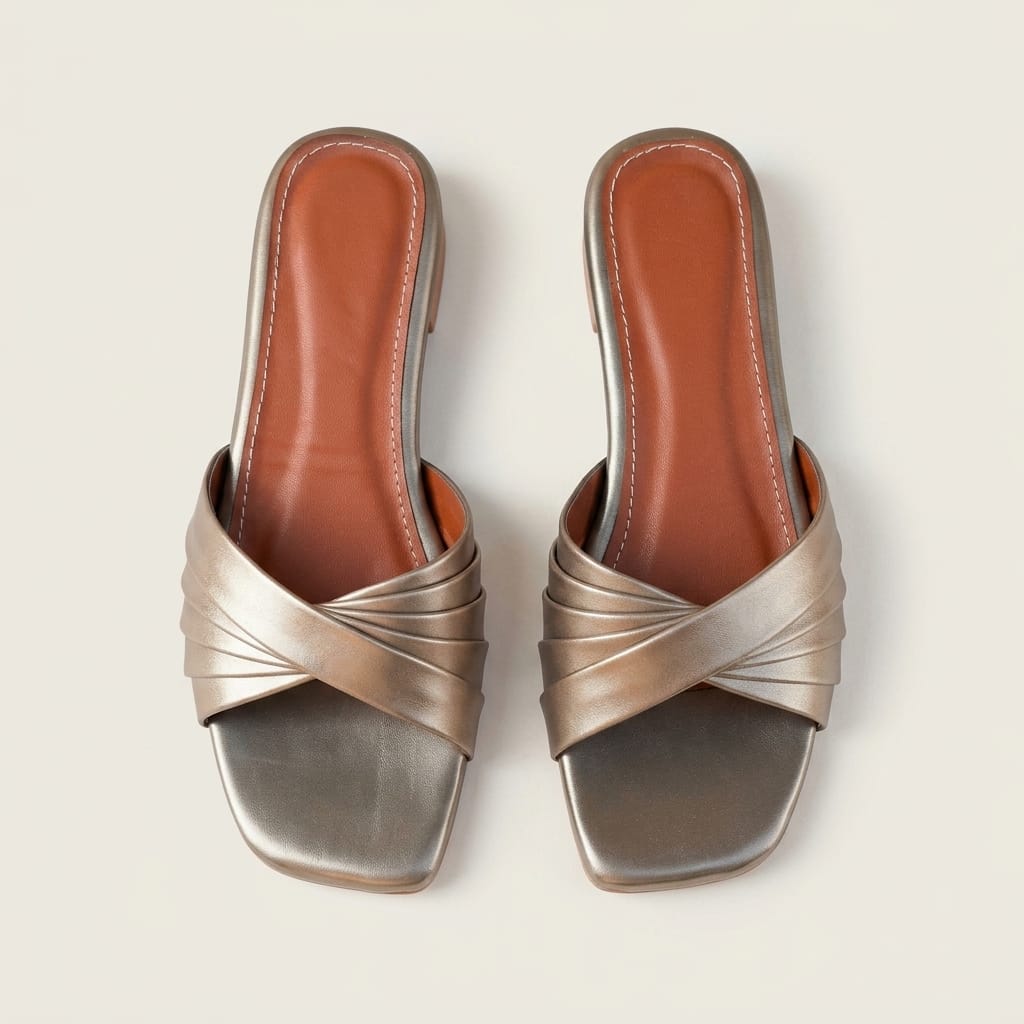 Metallic Cross-Strap Flat Slides