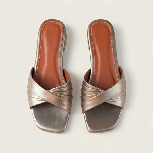 Metallic Cross-Strap Flat Slides