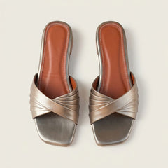 Metallic Cross-Strap Flat Slides