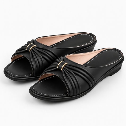Black Ruched Mule Sandals with Gold Buckle