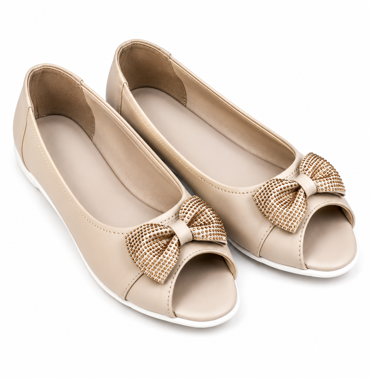 Elegant Pearl Bow Open Toe Flats