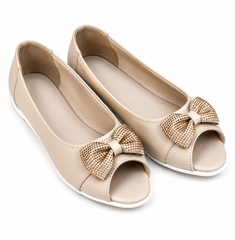 Elegant Pearl Bow Open Toe Flats