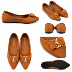 Women’s Tan Pointed-Toe Flats with Elegant Bow