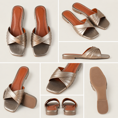 Metallic Cross-Strap Flat Slides