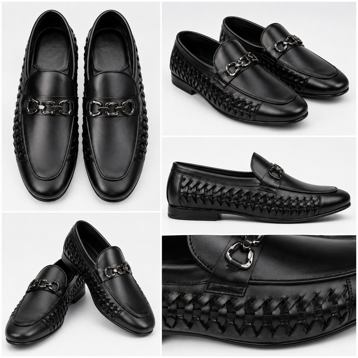Men’s Black Leather Woven Chain Shoes