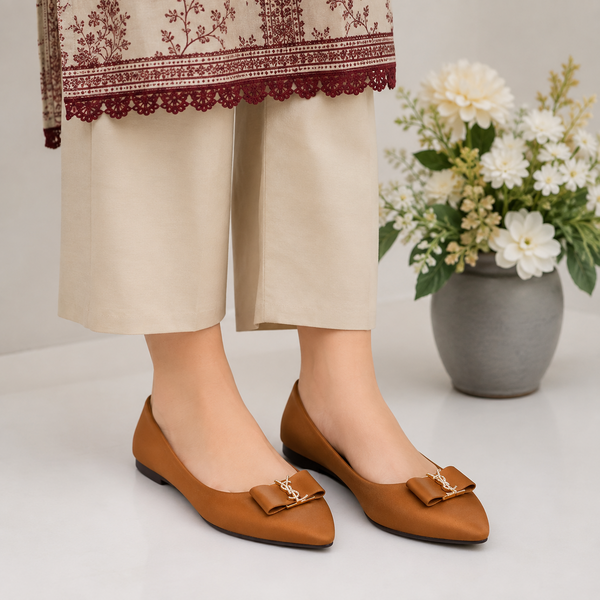 Women’s Tan Pointed-Toe Flats with Elegant Bow