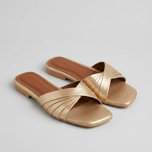 Gold Criss Cross Ladies Slippers