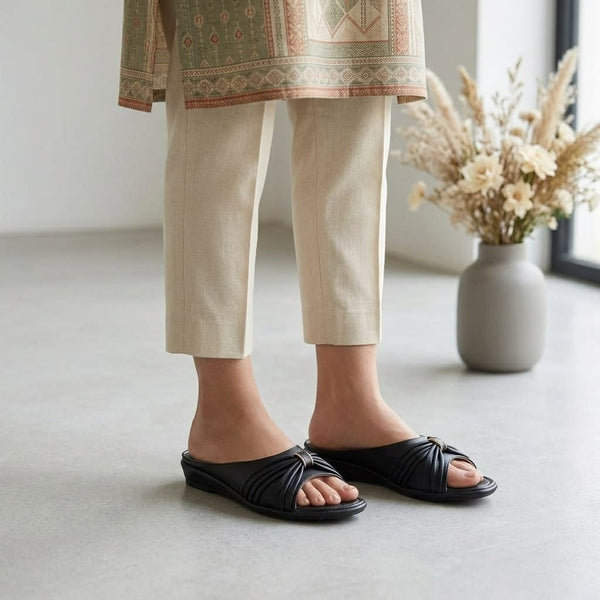 Black Ruched Mule Sandals with Gold Buckle