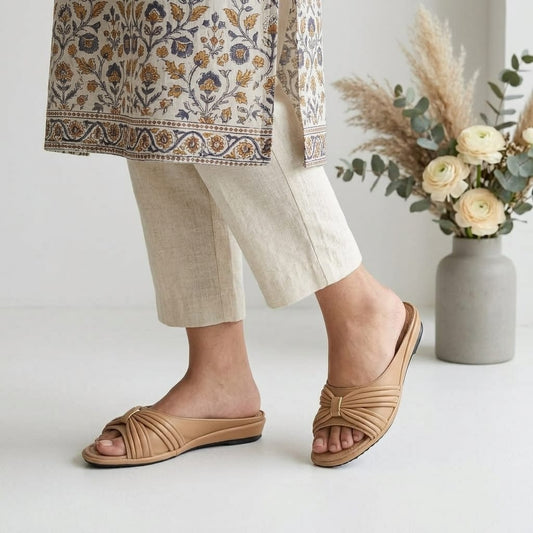 Beige Pleated Bow Ladies Slippers