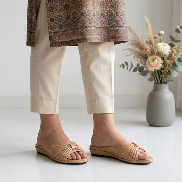 Beige Pleated Bow Ladies Slippers