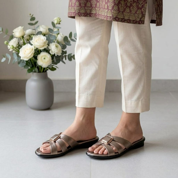 Elegant Metallic Gold Buckle Ladies Sandals
