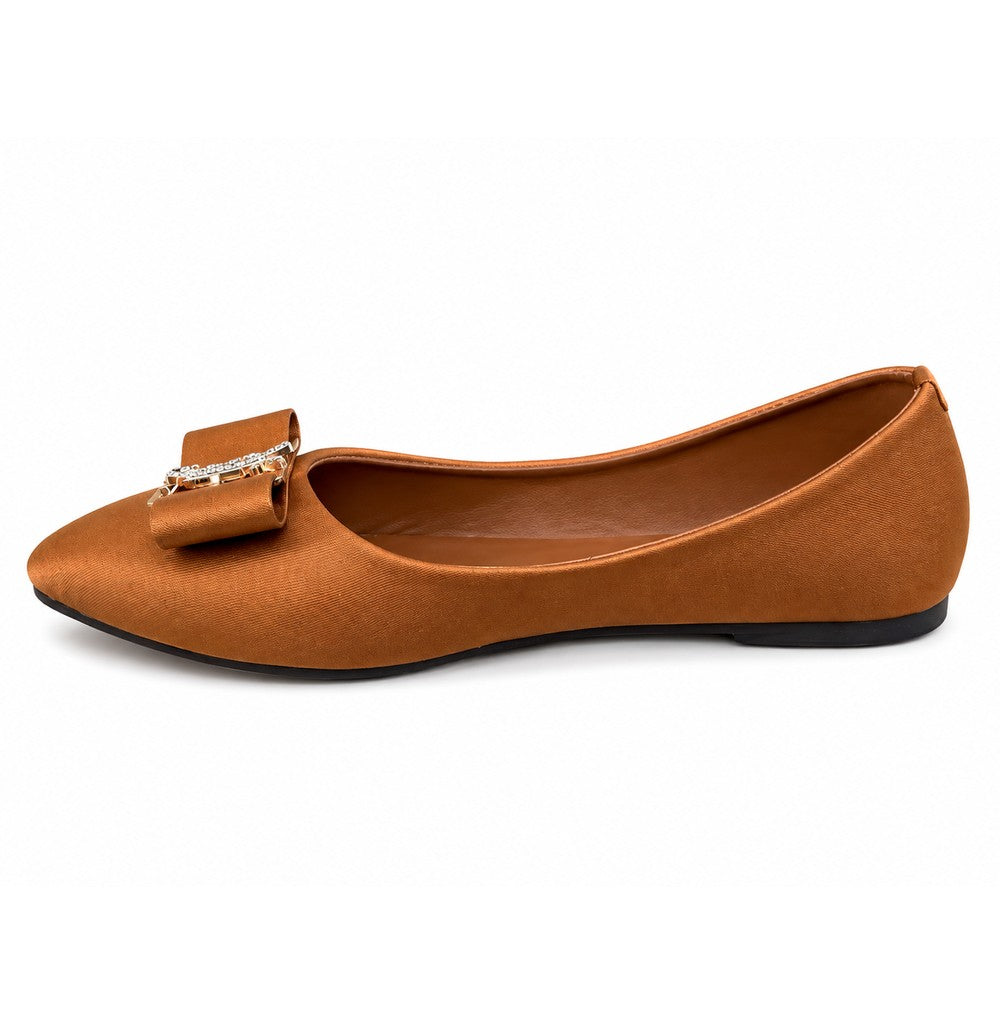 Women’s Tan Pointed-Toe Flats with Elegant Bow